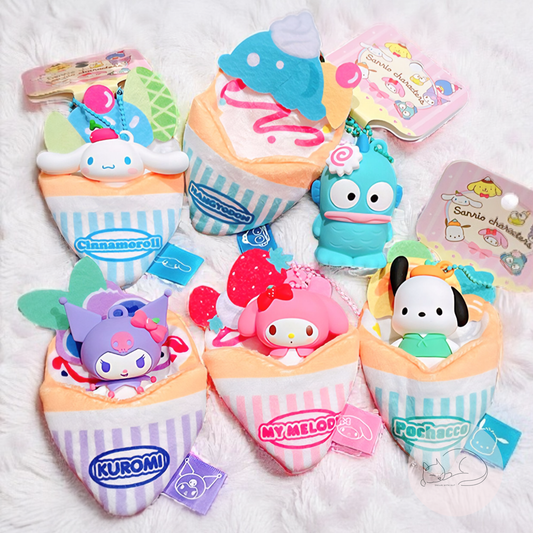 A soft and kawaii plush crepe keychain with cute details and a mini figure inside. Perfect as a bag charm, keychain or small collectible.