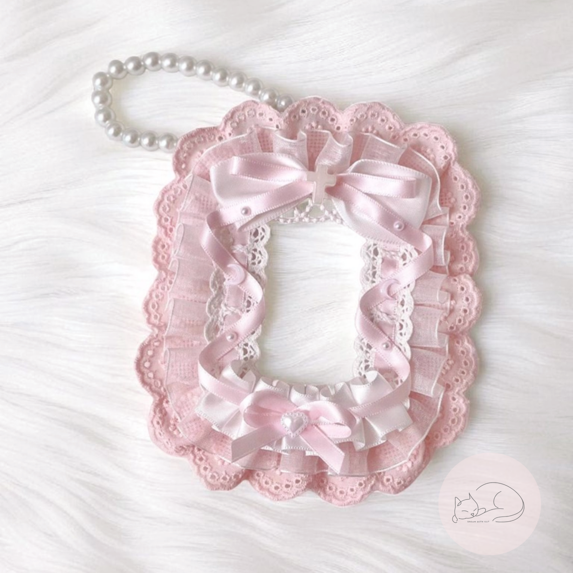 Lolita lace kawaii photocard holder in pastel pink, blue, and white with ruffles, bows, and a special cat ear design. Soft aesthetic card holder, 12.5x16 cm, fits K-pop photocards up to 6.7x9.5 cm. Cute accessory for bags, Sanrio fans, and kawaii collectors.