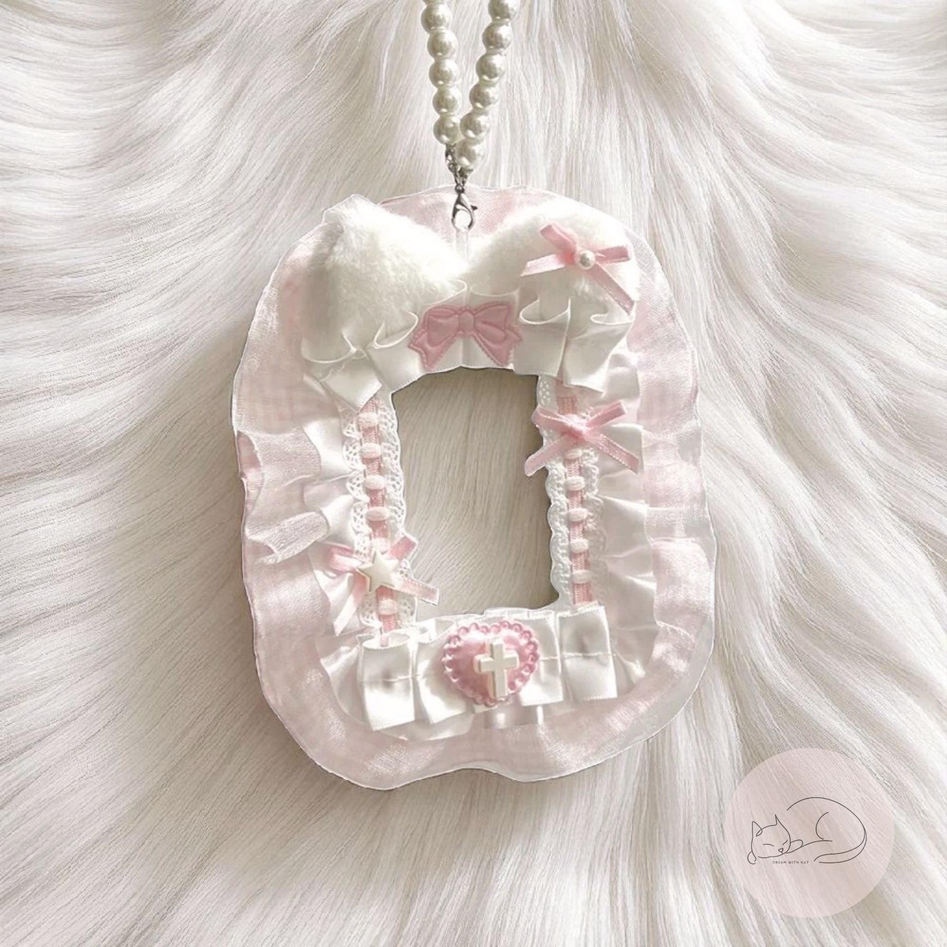 Lolita lace kawaii photocard holder in pastel pink, blue, and white with ruffles, bows, and a special cat ear design. Soft aesthetic card holder, 12.5x16 cm, fits K-pop photocards up to 6.7x9.5 cm. Cute accessory for bags, Sanrio fans, and kawaii collectors.
