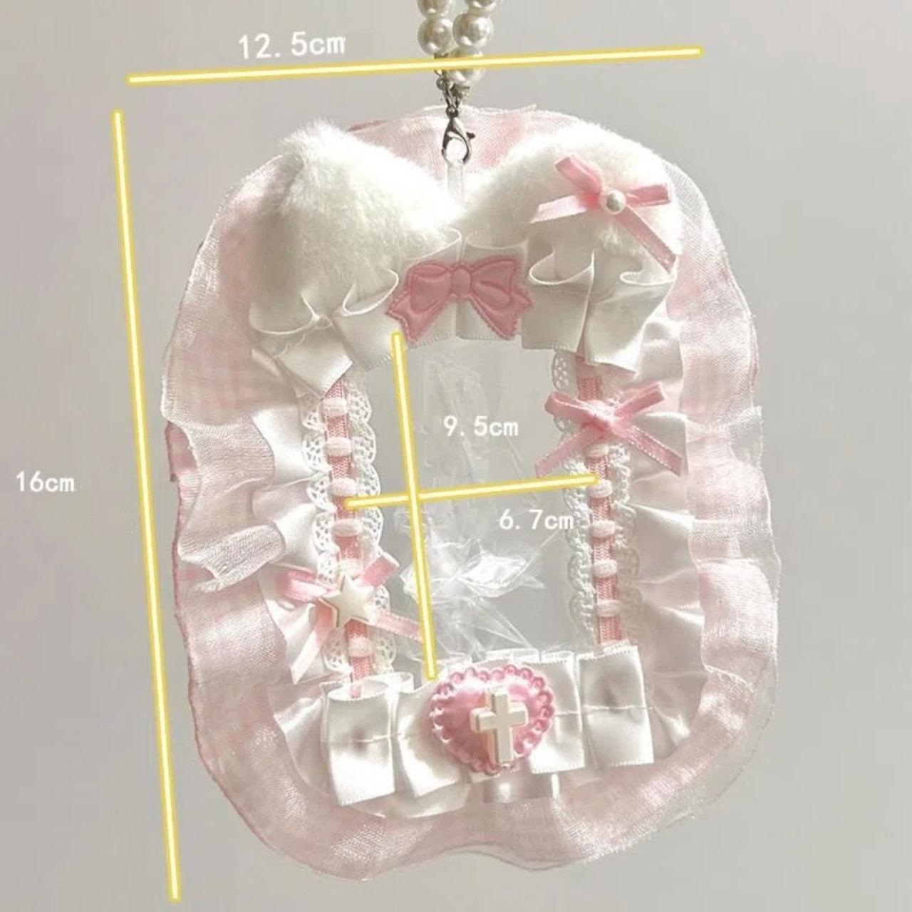Lolita lace kawaii photocard holder in pastel pink, blue, and white with ruffles, bows, and a special cat ear design. Soft aesthetic card holder, 12.5x16 cm, fits K-pop photocards up to 6.7x9.5 cm. Cute accessory for bags, Sanrio fans, and kawaii collectors.