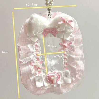 Lolita lace kawaii photocard holder in pastel pink, blue, and white with ruffles, bows, and a special cat ear design. Soft aesthetic card holder, 12.5x16 cm, fits K-pop photocards up to 6.7x9.5 cm. Cute accessory for bags, Sanrio fans, and kawaii collectors.