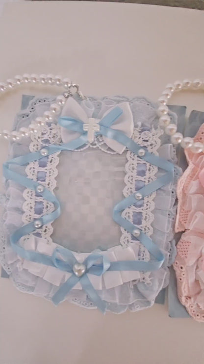 Lolita lace kawaii photocard holder in pastel pink, blue, and white with ruffles, bows, and a special cat ear design. Soft aesthetic card holder, 12.5x16 cm, fits K-pop photocards up to 6.7x9.5 cm. Cute accessory for bags, Sanrio fans, and kawaii collectors.